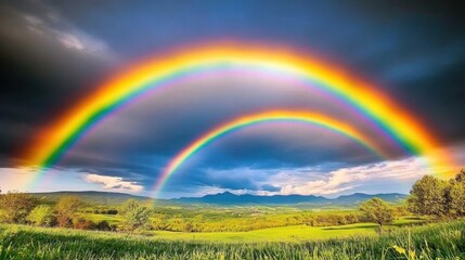 A vibrant double rainbow arches over a lush green meadow, with distant mountains and a cloudy sky.
