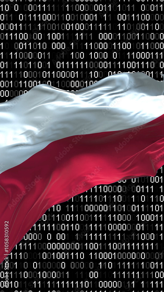 Wall mural poland flag - 3d realistic waving flag on matrix digital background with binary code