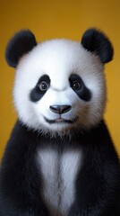 Naklejka premium A cute panda with a friendly expression against a yellow background.