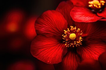 A close-up of a vibrant red flower with intricate petals and a yellow center.