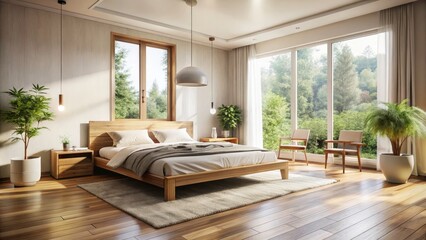 Bright and Airy Minimalist Bedroom with Wooden Bed and Natural Light