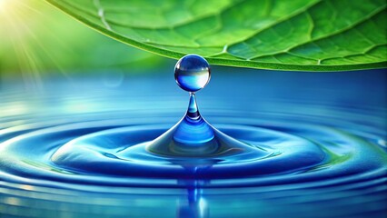 Close-up of a single blue drop falling from a leaf on a green stem, branch, greenery
