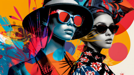 Fashionable portrait of two women in sunglasses with vibrant abstract background