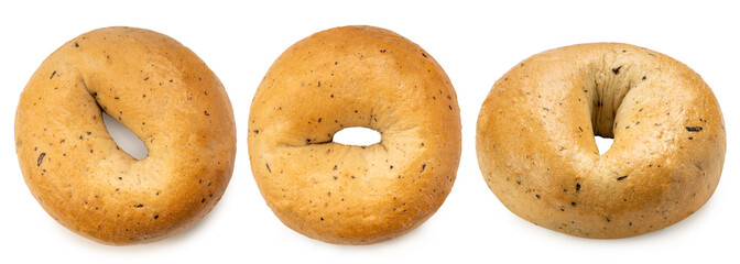 3 types of Homemade Bagel or Plain Beigel on white background, Begel bakery isolate on white with clipping path.
