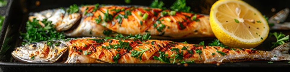 Two grilled trout garnished with fresh parsley and lemon wedges on a dark tray.

