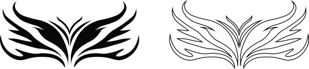 Obraz premium Tribal tattoo icons set. Silhouette flat and line black vector isolated on transparent background Neo tribal y2k aesthetic tattoo gothic cover, fire or wings abstract element collection. Divider body.
