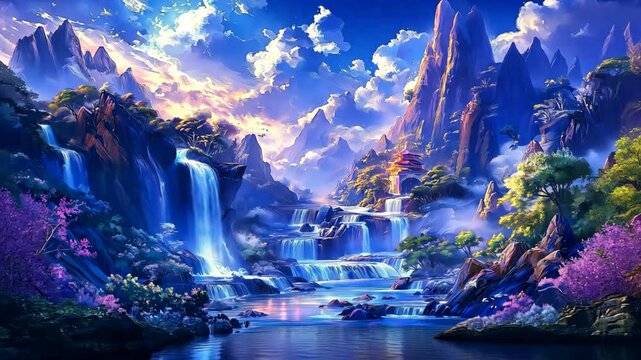 elegance otherworldly paradise landscape, mountains , waterfall flowing to below with gradient shimmering light 