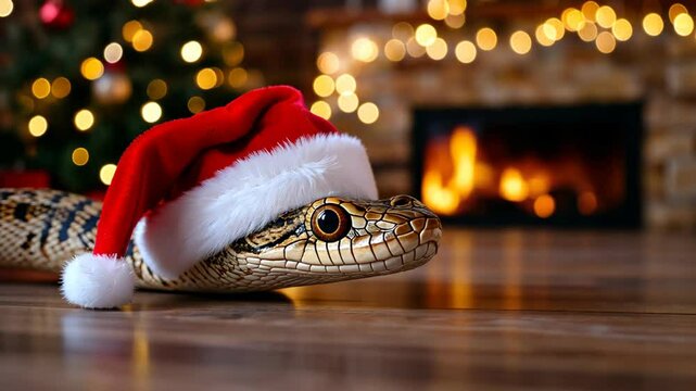 funny phyton snake wearing red Christmas Santa cap at cozy home with Christmas tree and fireplace as background