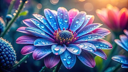 Closeup of a Vibrant Blue and Pink Flower with Dew Drops in Vintage Style Photography for Botanical Beauty and Nature Lovers