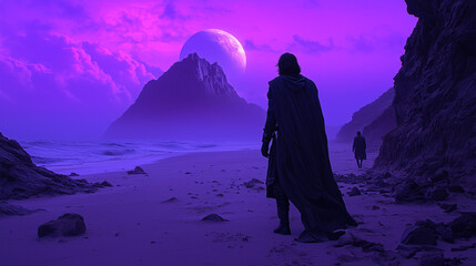 Mystical landscape with a cloaked figure walking on a surreal purple beach under a moonlit sky