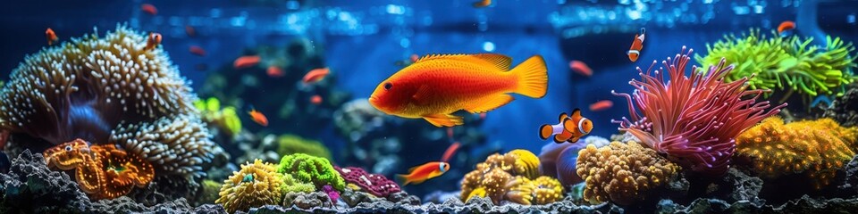 A single bright orange fish surrounded by colorful corals and sea anemones, creating a lively and vibrant coral reef scene under blue ocean light.

