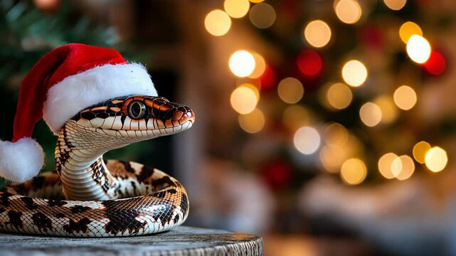 funny phyton snake wearing red Christmas Santa cap at cozy home with Christmas tree and fireplace as background