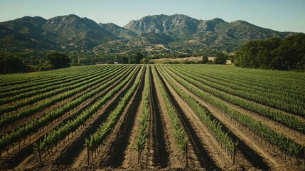 Rows of grapevines in a vineyard with mountains in the background.