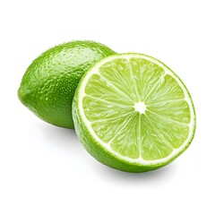Macro Shot of Vibrant Green Bergamot Fruit Whole Sliced and Halved on White Background