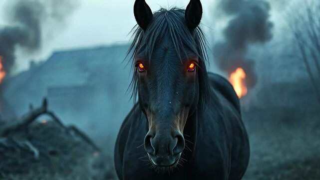 a devilish black horse with glowing eyes walking at burnt village with smoke and fire