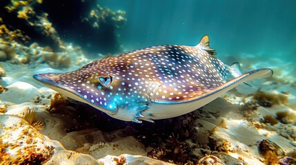 Obraz premium A marbled ray resting on the ocean floor with intricate blue and white patterns, blending in with the sandy and rocky surroundings in shallow water.