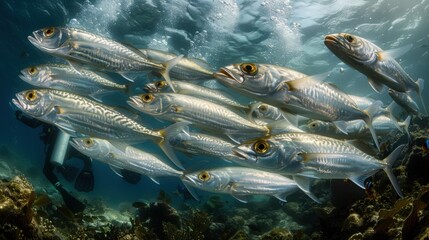 Fototapeta premium A school of bigeye trevally swimming close together in the ocean with a scuba diver observing nearby, creating a dynamic underwater scene.