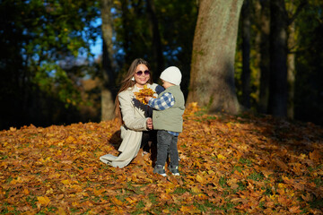 A mother and her young child share a tender moment in a park surrounded by autumn leaves. The woman crouches down to her child’s level, creating a warm, intimate scene in golden fall light.