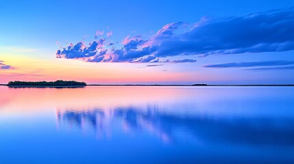 Fototapeta premium A serene sunset over a calm lake, reflecting vibrant colors and clouds in the sky.