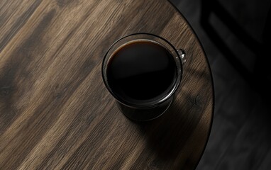 A high-resolution product photography shot of black coffee in a glass cup, captured in a close-up view on a round wooden table. 