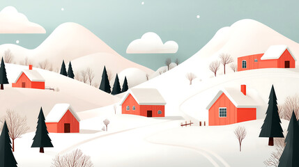 An illustration of a beautiful snowy landscape with mountains, trees, and cabins in winter. It is suitable for background pictures, flat designs, simple shapes.