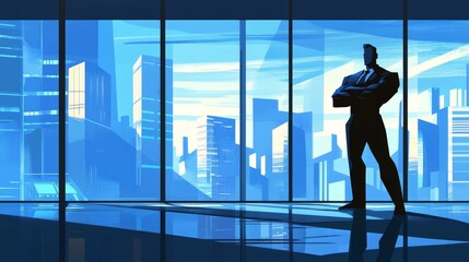 A silhouetted figure stands confidently against a city skyline, conveying power and ambition.