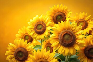 Obraz premium Close-up shot of a large bunch of sunflowers against a yellow background, yellow petals, field flowers, floral arrangement, yellow background
