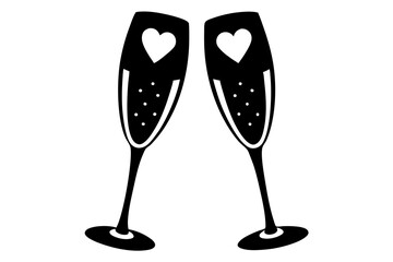 Two glasses of champagne with hearts. Celebration of the festive event. Holiday, valentines day sign. Vector illustration