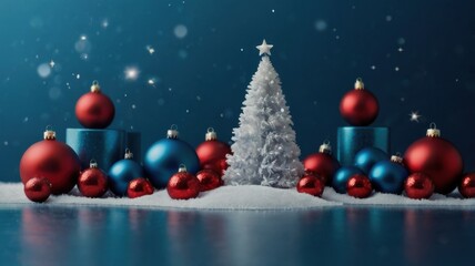 Obraz premium A Christmas tree is surrounded by many red and blue ornaments