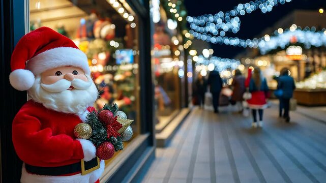 Santa clause toy at shop window outdoor at winter Christmas night