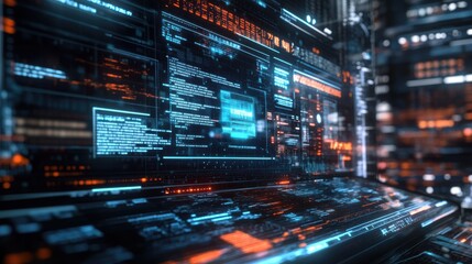 Naklejka premium A futuristic AI interface generating a breaking news article on a digital screen, with data streams