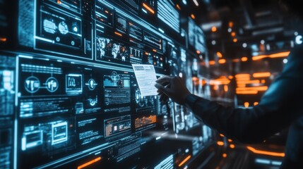 Fototapeta premium A futuristic AI interface generating a breaking news article on a digital screen, with data streams