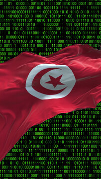 Tunisia flag - 3D realistic waving flag on matrix digital background with binary code