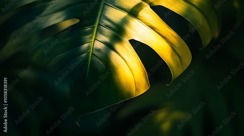 Wall mural a single monstera leaf illuminated by sunlight