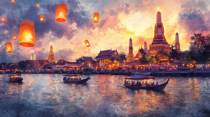 Watercolor of Wat Arun Temple on the Chao Phraya River