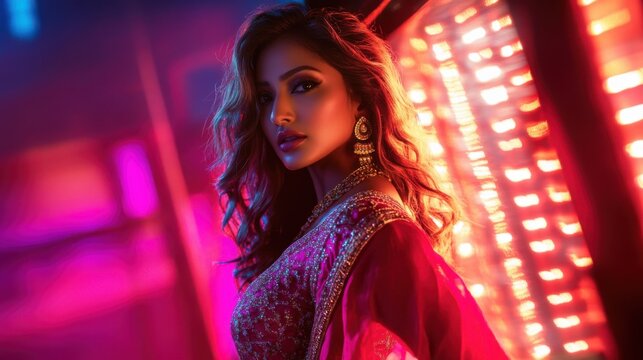 A glamorous Indian actress in a modern Bollywood outfit,
