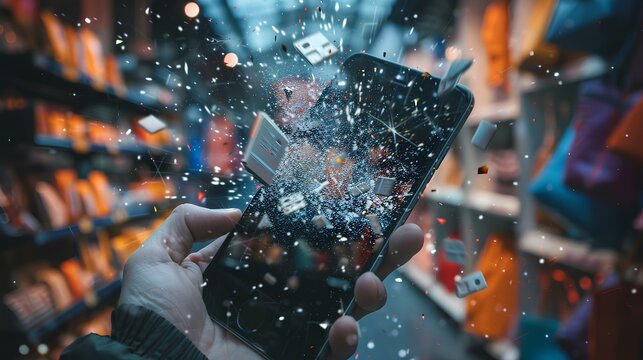 A hand holding a smartphone shows a colorful explosion of digital effects, surrounded by a vibrant retail background.