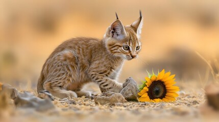 Obraz premium A playful lynx cub beside a sunflower in a natural setting.