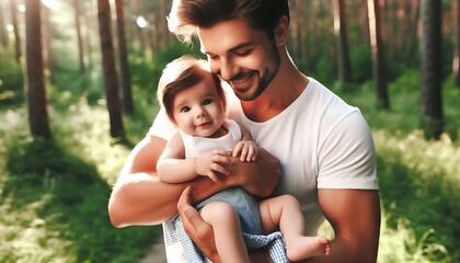 A happy family enjoying a sunny day in the park, with parents playing and smiling with their children