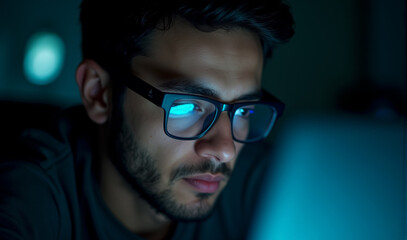 Fototapeta premium A close-up shot of a man wearing glasses, intently working on a computer at night. The scene is softly illuminated by the glow from the computer screen