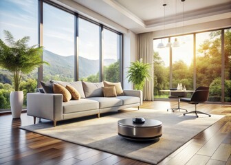 Modern Living Room with Robotic Vacuum Cleaner, Smart Home Technology, Sleek Design, Minimalist Decor, Clean Interiors, Futuristic Home, Automation, Comfort, Convenience, Stylish Furniture