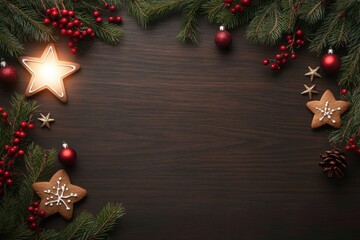 Festive holiday background featuring pine branches, baubles, and gingerbread stars, perfect for Christmas-themed designs.
