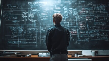 A mathematician standing in front of a massive chalkboard filled