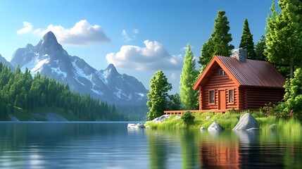 Obraz premium Serene Mountain Cabin by the Tranquil Lake
