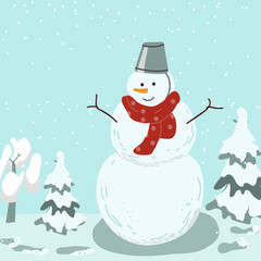 Happy Snowman Winter Wonderland Vector Art, hand drawn illustration.