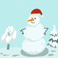 Happy Snowman Winter Wonderland Vector Art, hand drawn illustration.