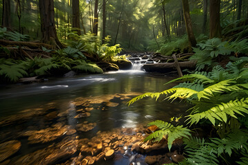 Vibrant, 8K landscape image of untouched forests, clear rivers, and lush mountains.