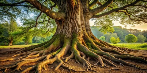 Close-up of an oak tree's gnarled trunk with rugged bark and twisted roots growing out of the ground, detail, outdoors, leaves