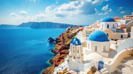 Obraz premium A picturesque view of Santorini, Greece, with its iconic whitewashed