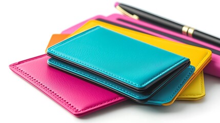 A vibrant arrangement of colorful wallets and a pen, showcasing various designs and textures ideal for organizing essentials.